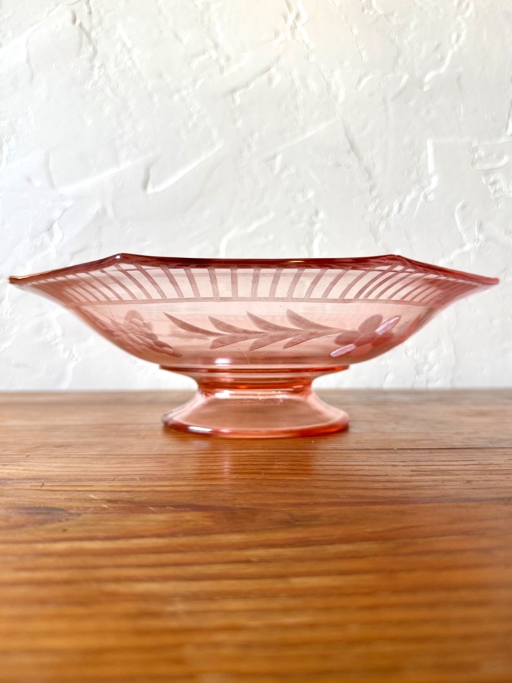 Vintage Depression Glass Pink Etched Glass Pedestal Compote Fruit Bowl - Picture 4 of 9